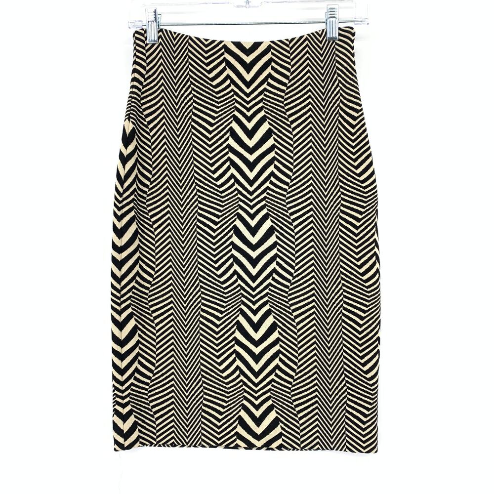 Nicole Miller Artelier Knit Pencil Skirt Womens Sz S Black Cream Geometric Print